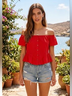 Other Fellow Red Short Sleeve Button-Front Peplum Top Canadian label